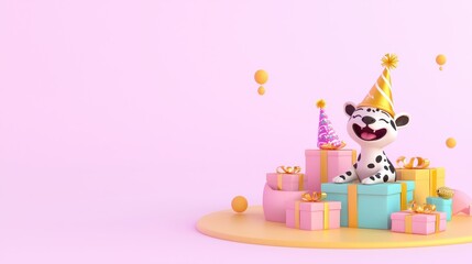 Fototapeta premium Cheerful Cartoon Hyena with Birthday Hat Surrounded by Colorful Gifts in a Joyful Celebration Scene