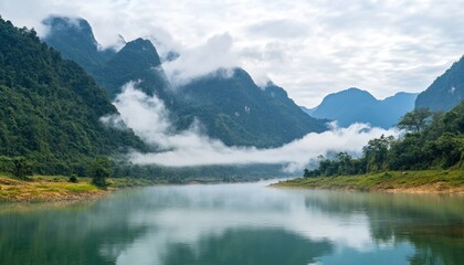 Clouds embracing green mountains over the river in cao bang, vietnam