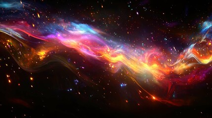 A stunning cosmic swirl of colors reflecting in a dark space background. Bursts of light in hues of blue, pink, and yellow create an abstract masterpiece.