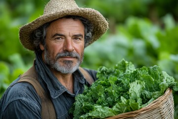A farmer wearing a straw hat presents a basket full of fresh leafy greens. The image captures traditional agricultural practices in a lush rural environment.