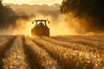 Fototapeta premium A determined farmer drives their tractor through a golden sunlit wheat field, evoking a sense of endurance, industry, and the cyclical rhythms of agricultural life.