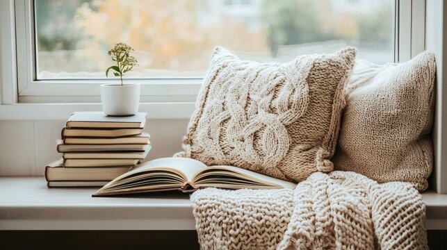 A tranquil reading nook used for mindfulness and stress management Stock Photo with side copy space