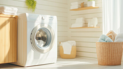 Modern laundry room with washing machine and neatly arranged towels in soft sunlight.