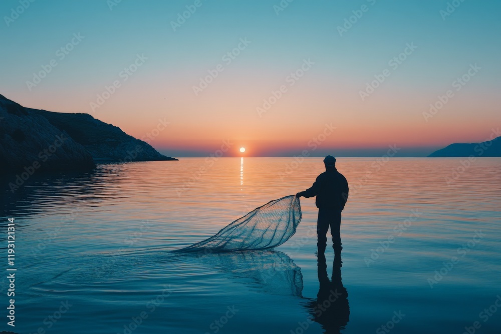 Aufkleber A peaceful fisherman stands with a net, gazing into the distance along a tranquil shoreline at dawn, capturing a moment of reflection and solitude in nature.