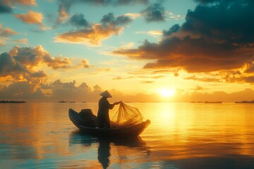 This image captures a fisherman in a rowboat casting a fishing net against the backdrop of a stunning, serene golden sunset reflecting on calm waters.