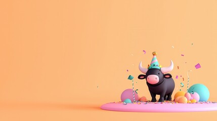 Cute buffalo wearing a birthday hat surrounded by colorful decorations and balloons in a festive setting