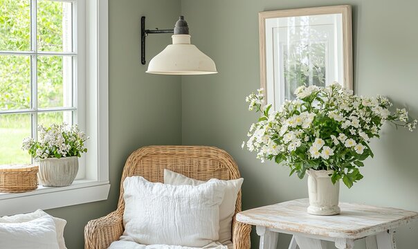 Fototapeta Cozy reading nook with flowers by window in green room, ideal for relaxation or home decor inspiration