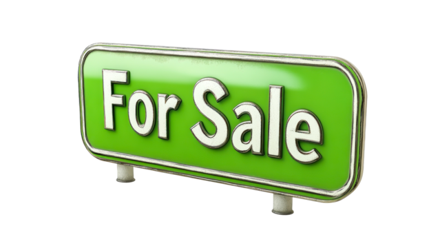 Isolated For Sale sign with bold white lettering on green background, mounted on sleek metallic stand on transparent backdrop. Concept of real estate advertising and property sales