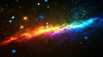 A vibrant cosmic nebula showcasing a spectrum of colors against a dark background with stars scattered throughout. A stunning display of space beauty.