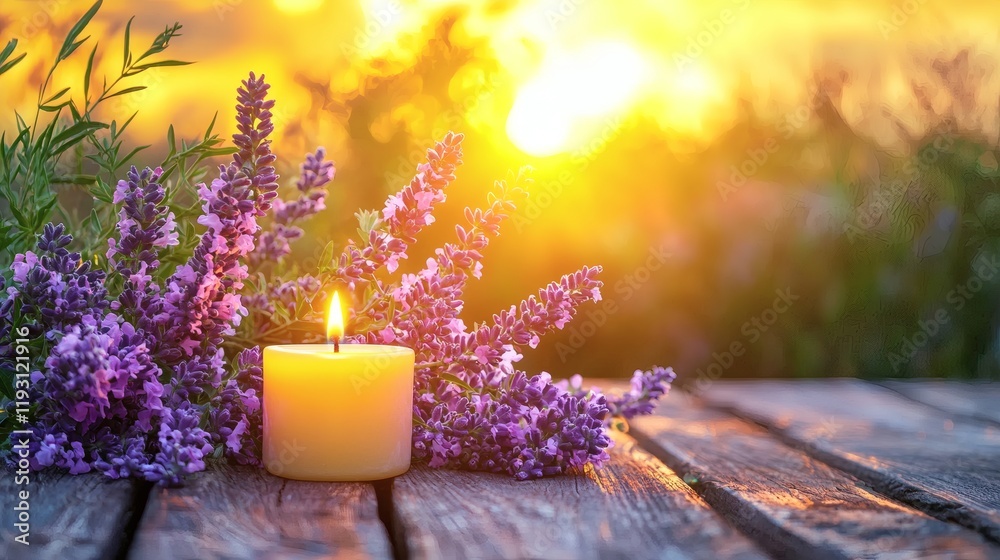 Poster mindfulness and stress management visualized with a cozy evening by candlelight stock photo with sid