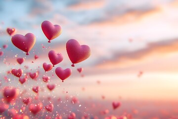 3D-rendered heart balloons in shades of red and pink floating against a soft sky. banner with copy space