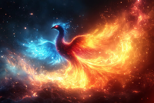 Phoenix Rising from Ashes: A dark silhouette of a phoenix rising from glowing ashes, its form morphing into bright, dynamic colors symbolizing renewal, transformation, and rebirth