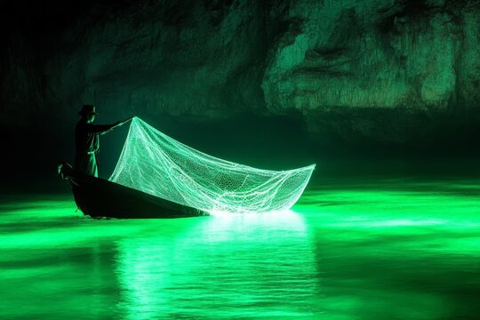 A solitary fisherman stands in a small boat, casting a glowing green net under the ethereal light of luminescent waters, creating a surreal nighttime scene.