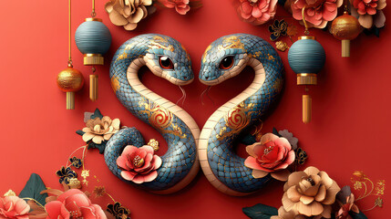 Obraz premium Chinese new year illustration of year cartoon cute snake with floral pattern in red background