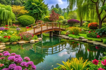 Fototapeta premium A lush green garden with vibrant flowers and trees, surrounded by a tranquil pond and a wooden bridge., trees, peaceful, serene, pond, nature
