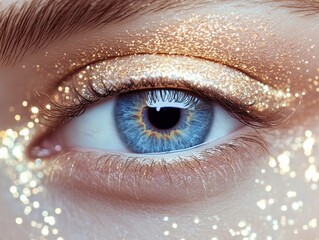 Close-up view of a mesmerizing blue eye adorned with shimmering gold glitter, highlighting beauty and makeup artistry