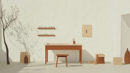 Minimalist Wooden Chair and Desk in Brightly Lit Craft Room with Subtle Nature Elements
