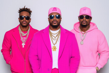 Three men in pink clothes and hats are standing together. Perfect moments with Music Selection.