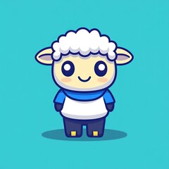 Obraz premium Cute cartoon sheep wearing sweater, cheerful expression, teal background, children's illustration