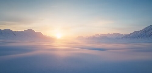 Dawn light on a tranquil snow-covered field with distant mountains softly glowing