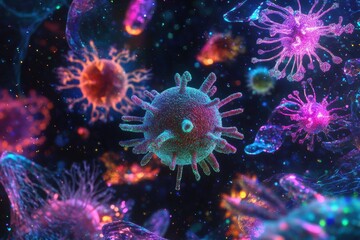 Magnified representation of viruses showcasing vibrant colors and intricate structures in a scientific context. Generative AI