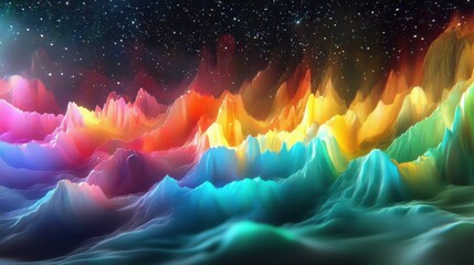A vibrant and colorful abstract landscape depicting wavy mountains with hues of pink, orange, blue, and green under a starry sky.