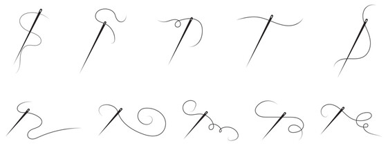 Needle and thread silhouette icon vector illustration. Tailor logo with needle symbol and curvy thread isolated on white background.