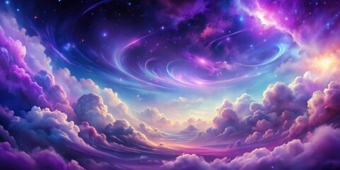 A majestic purple background with scattered, swirling clouds of iridescent colors, iridescent, vibrant, abstract, universe, surreal