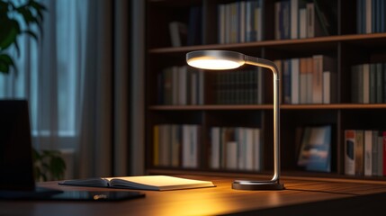 A contemporary smart book lamp with adjustable lighting features in a chic home library, symbolizing modern tech and its role in enhancing reading experiences, Home library scene