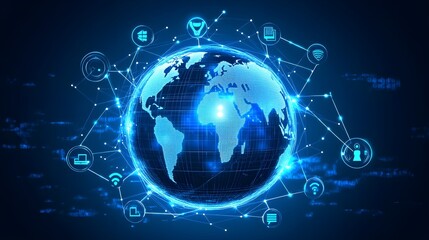 Fototapeta premium 3D holographic globe with network connections and floating icons on a techy background.