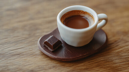 A dark chocolate espresso shot served in a tiny porcelain cup, accompanied by a small piece of dark chocolate.