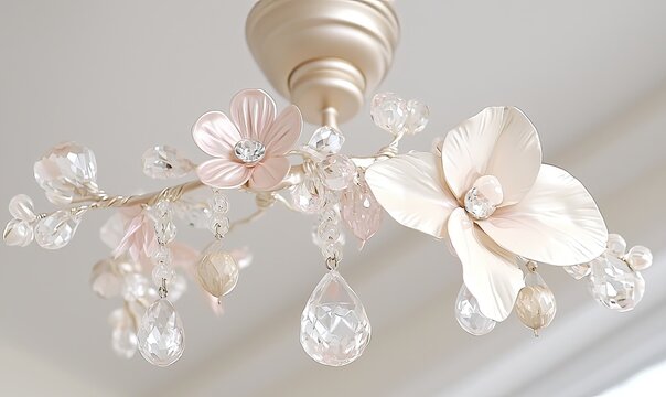 Floral chandelier with crystals hanging from ceiling in home interior