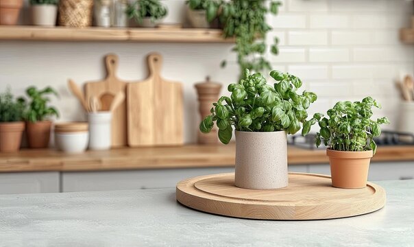 Fresh basil plants on kitchen counter with utensils and shelves in background, ideal for cooking blogs