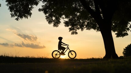 Child's silhouette biking at sunset under a tree.