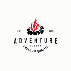 Design wood and fire, logo campfire bonfire vector camping adventure vintage illustration