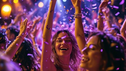 Crowd celebrating at vibrant party, with joyful expressions and confetti in an electrifying atmosphere