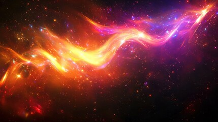 A stunning abstract representation of cosmic light waves in vibrant colors, showcasing hues of orange, purple, and yellow against a dark background.