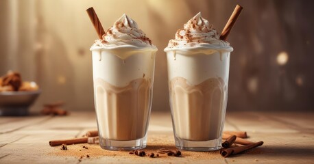 A milkshake with a thick layer of cream and a sprinkle of cinnamon on top,  frosty glass,  rich flavor