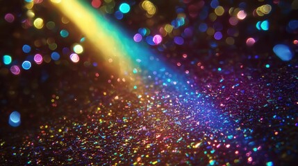 A colorful array of shimmering lights and reflections creates a festive and vibrant background. The scene is filled with bright hues and a celebratory atmosphere.