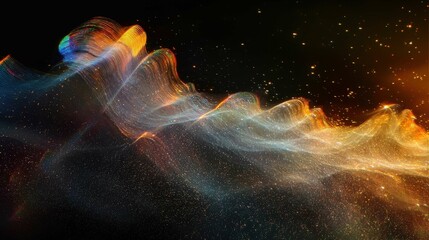 A vibrant abstract image displaying colorful light waves and shimmering effects against a dark background, evoking a sense of celebration and festivity.