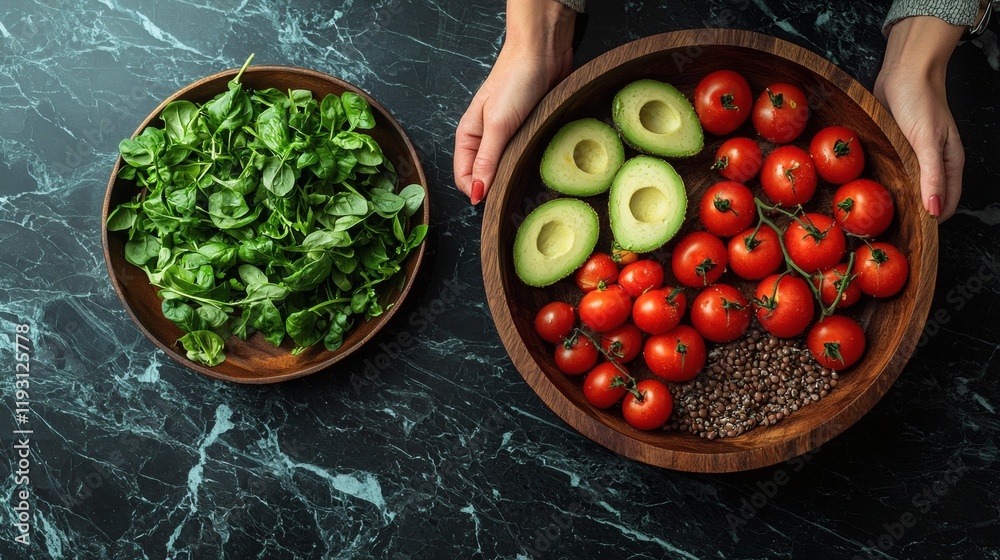 Poster a balanced meal preparation scene highlighting nutrition and portion control stock photo with side c