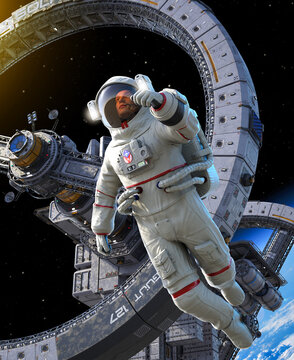 An astronaut performing a spacewalk outside a circular space station above the Earth