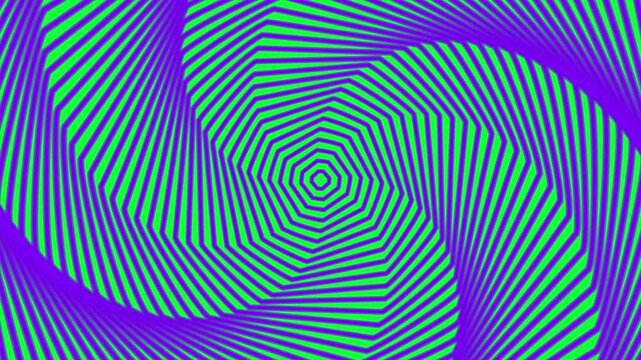 Animasi 3d ilusi optik yang jelas dengan pola poligon 4 sisi berbayang ungu berubah warna pada latar belakang warna hijau. Spiral memberikan ilusi gerakan yang terus menerus dan berulang.
