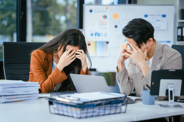 Male and female businessmen are working stressed at the office, focused on their tasks,managing deadlines,making decisions, handling business challenges, pressures to achieve their goals efficiently