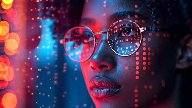 African American woman with glowing binary code reflecting in glasses, symbolizing artificial intelligence, digital innovation, and technology in a vibrant cyber-inspired setting