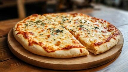Delicious four-slice cheese pizza on wooden board.