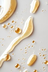 Obraz premium Golden liquid oil droplets create an abstract texture on a glossy white surface with soft light reflections
