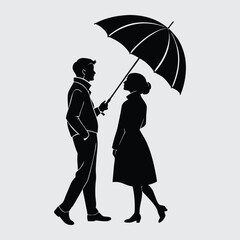 Man-and-woman-with-an-umbrella image silhouette vector art and illustration	
