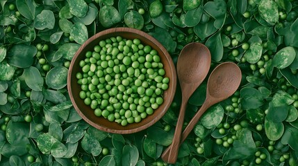 Fresh Green Peas in Wooden Bowl with Spoons on Lush Greenery Background