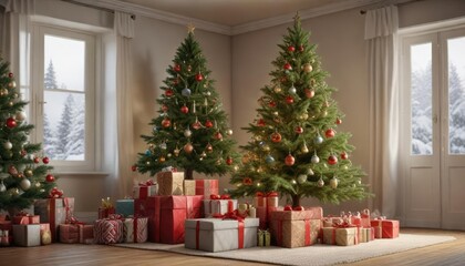 A Christmas tree with multiple presents underneath, pile, arrangement, decorative